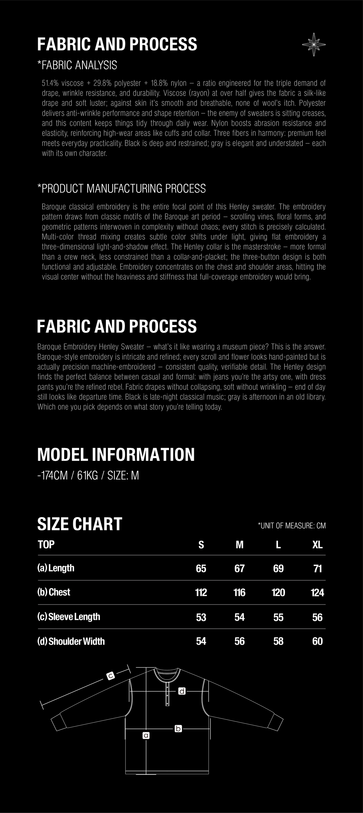TBHNP T260056 fabric details and size guide. Garment measurements in centimeters.