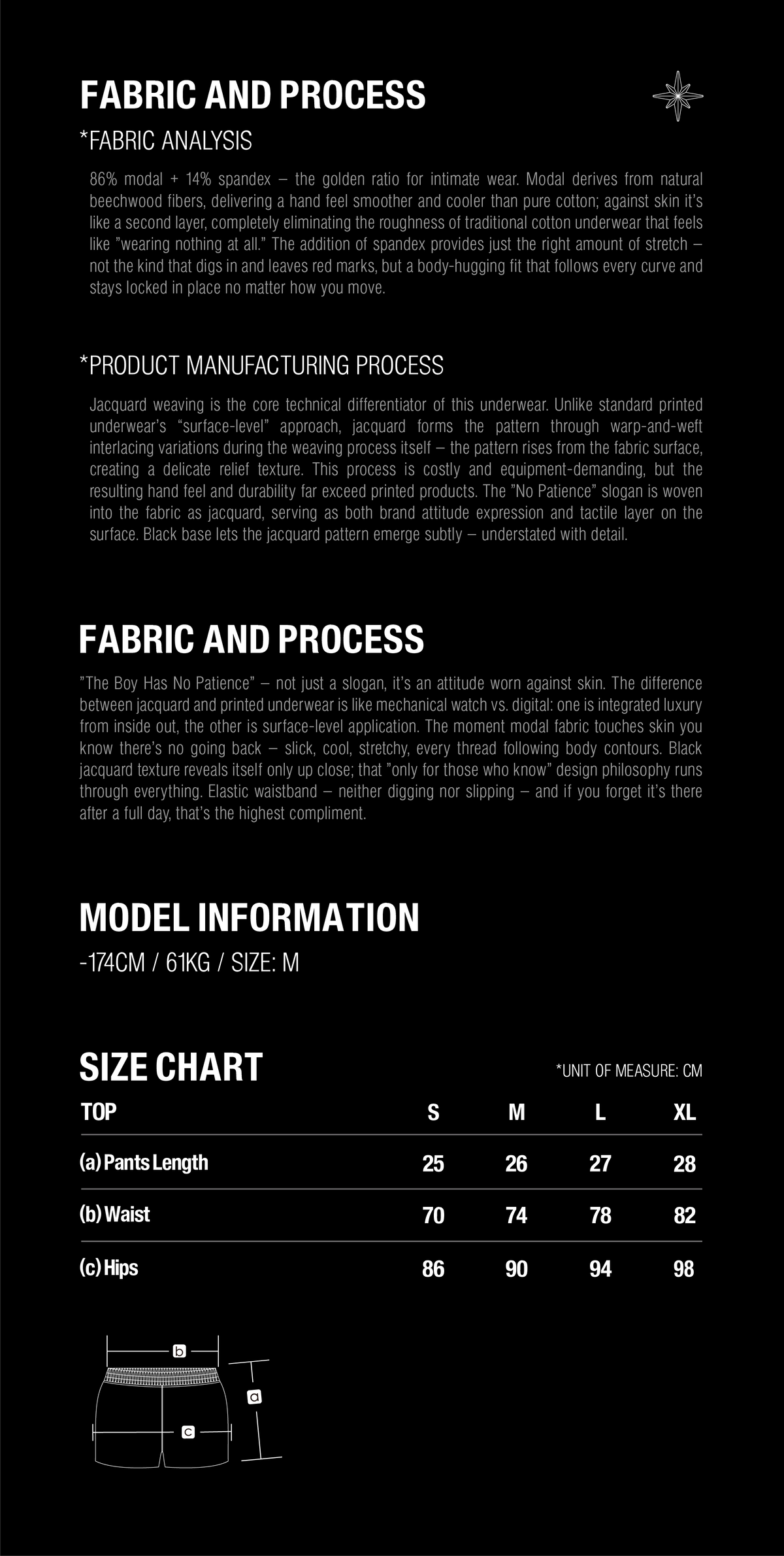 TBHNP T260057 fabric details and size guide. Garment measurements in centimeters.