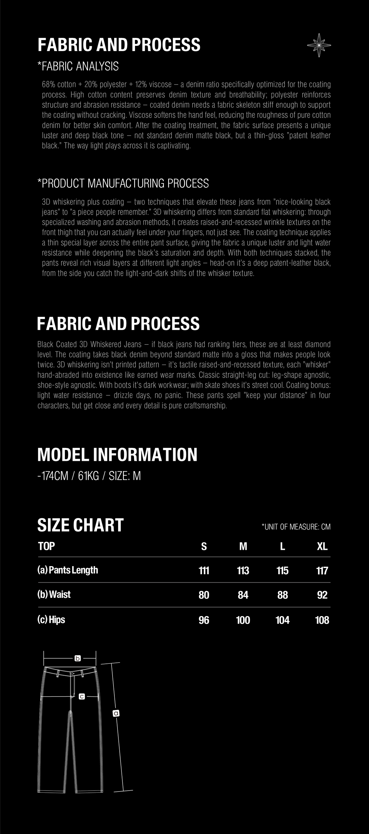 TBHNP TB260001 fabric details and size guide. Garment measurements in centimeters.