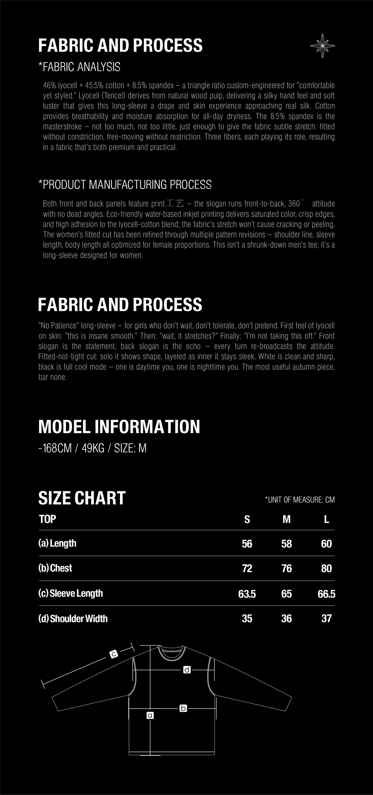 TBHNP TG260011 fabric details and size guide. Garment measurements in centimeters.
