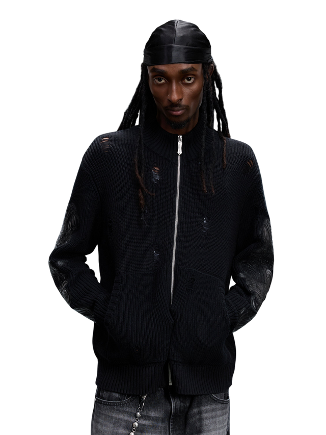 LEATHER PATCH DESTROYED ZIP SWEATER