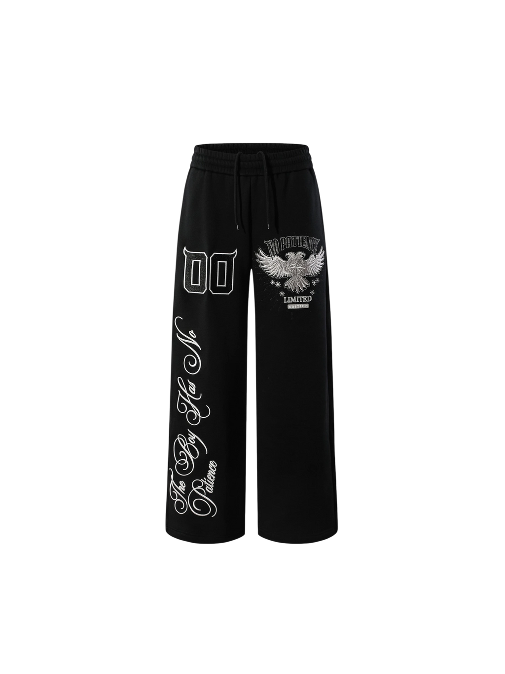 Black Luminous Dawn double-headed eagle embroidered sweatpants, front view
