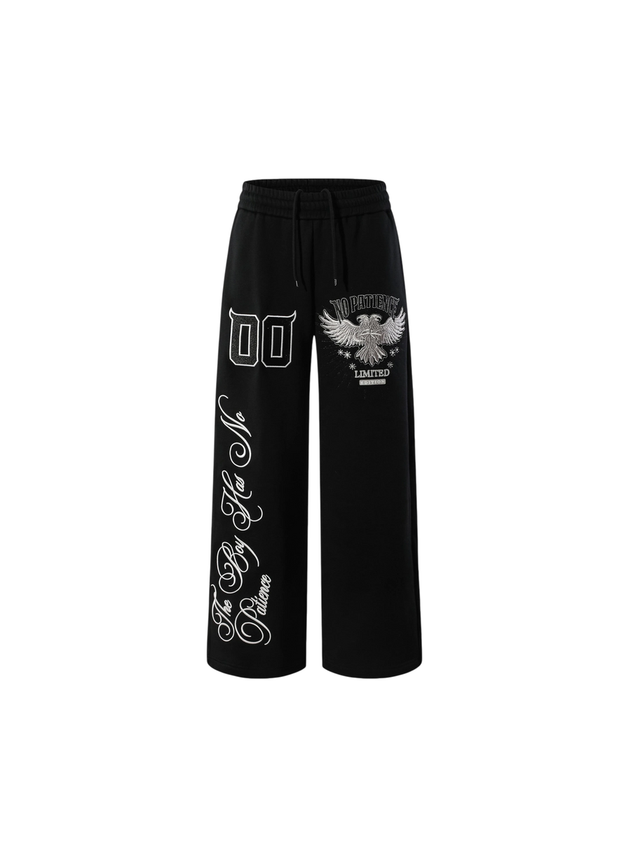 Black Luminous Dawn double-headed eagle embroidered sweatpants, front view