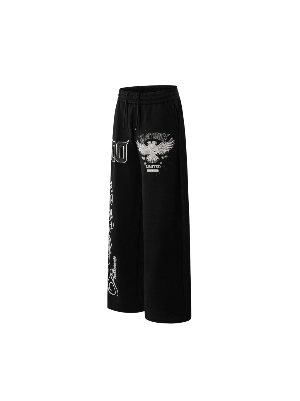 Black Luminous Dawn embroidered sweatpants with script graphics, side view