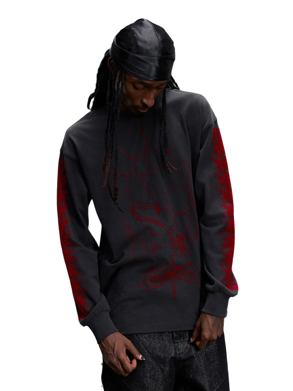 Model wearing Dark Grey Ghost & Knight flocked long-sleeve tee, front view