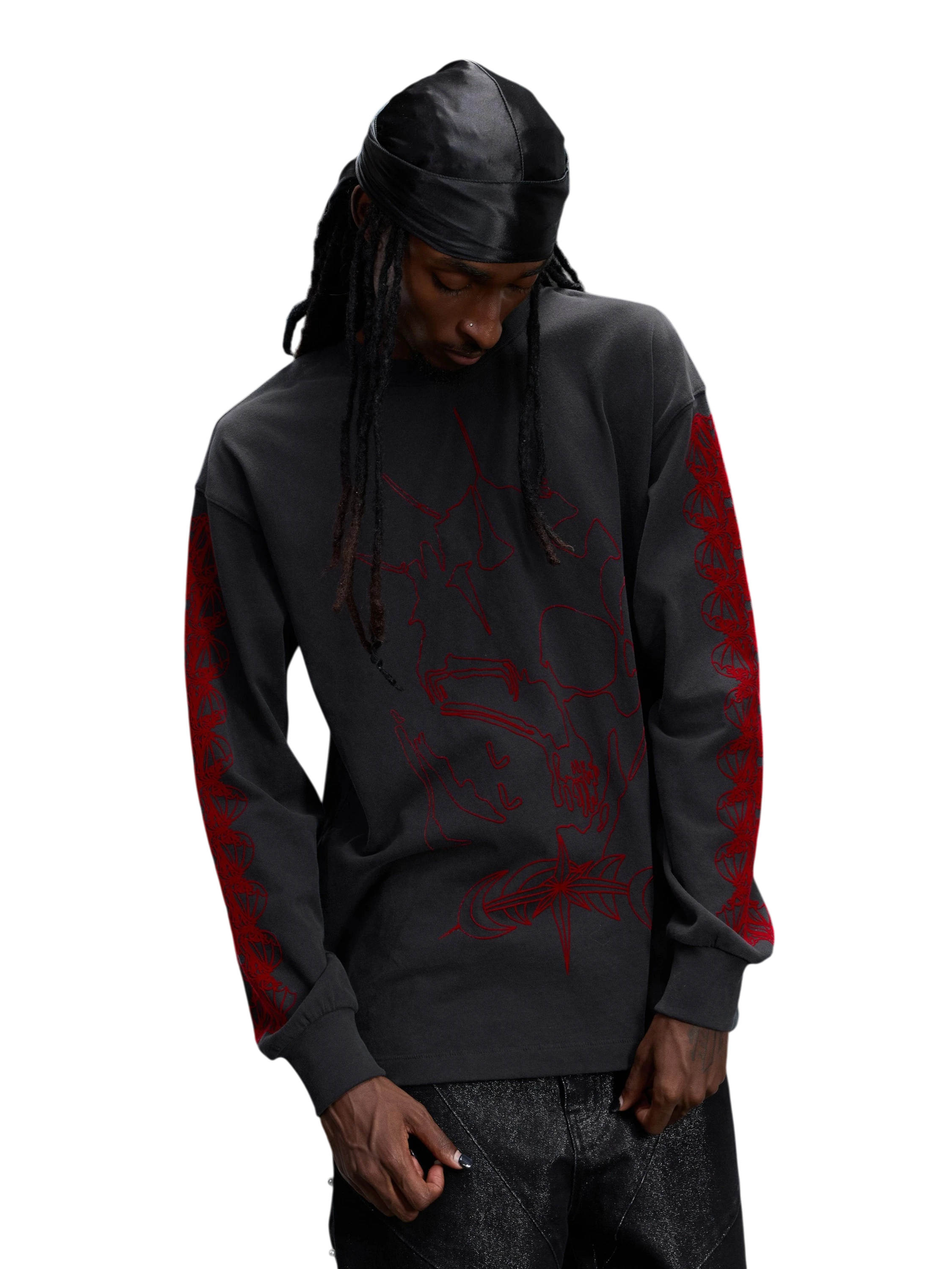 Model wearing Dark Grey Ghost & Knight flocked long-sleeve tee, front view