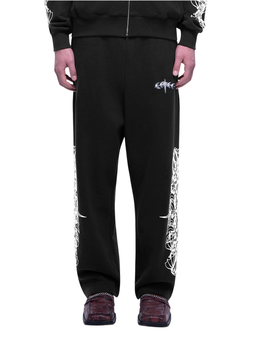 Luminous Dawn astral logo flocked pants in Dark Grey, rear view