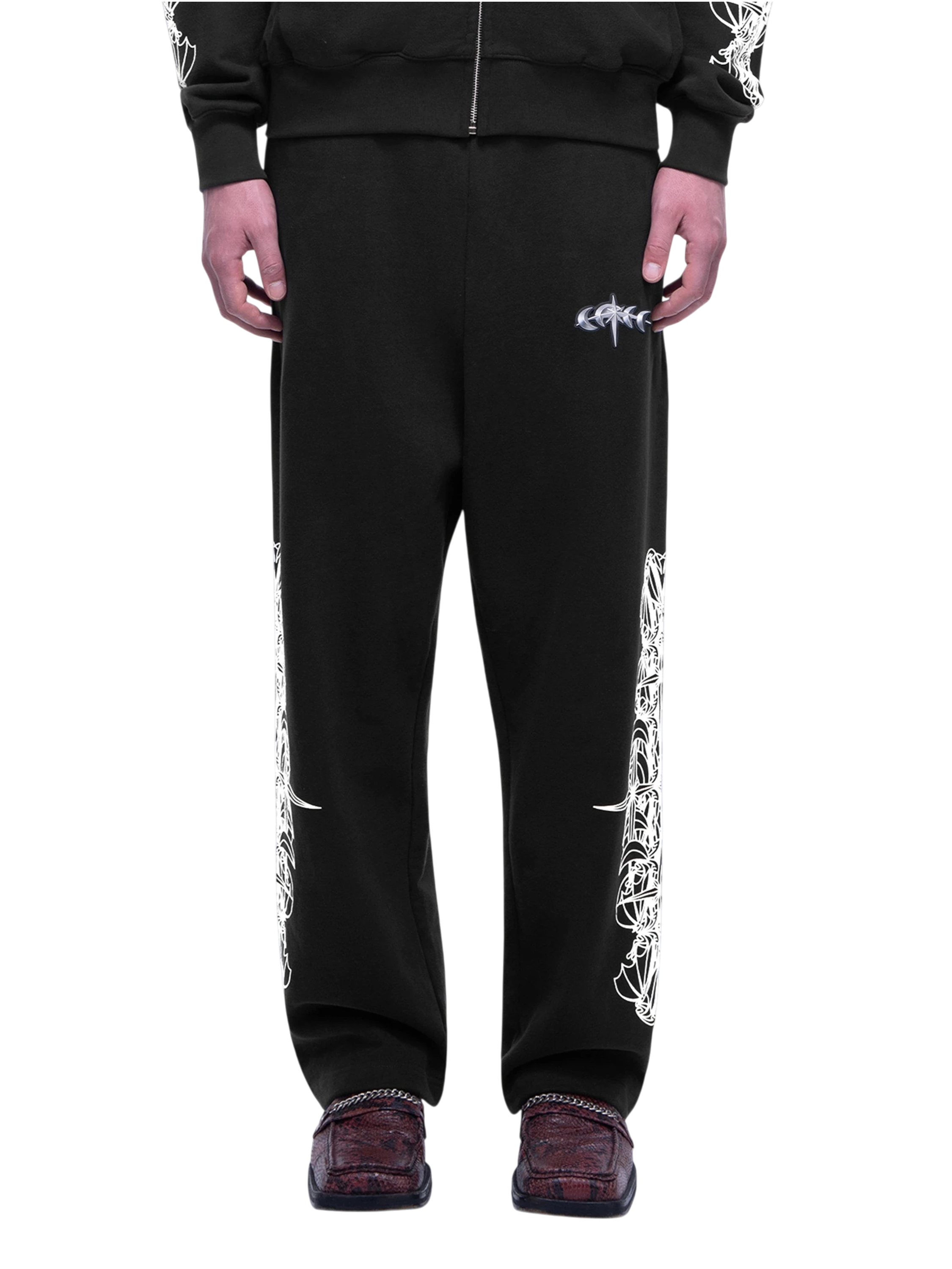 Luminous Dawn astral logo flocked pants in Dark Grey, rear view