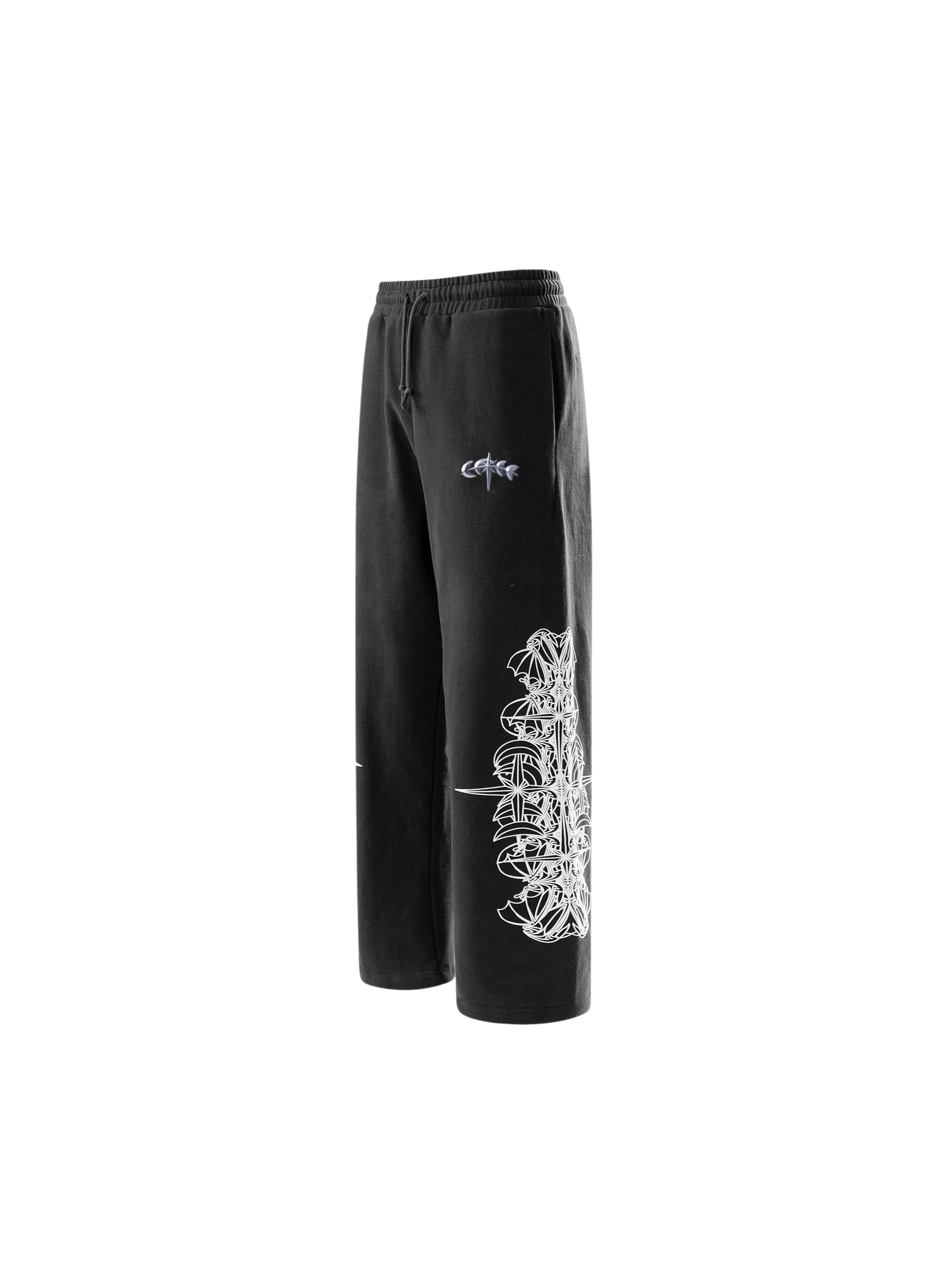 Dark Grey Luminous Dawn pants with raised velour astral graphics