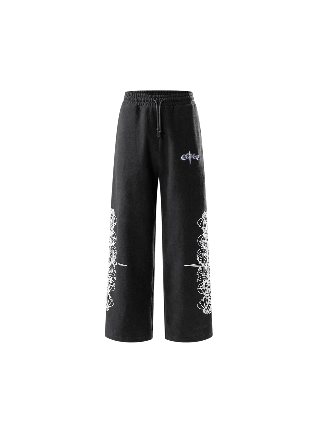 Luminous Dawn astral logo flocked pants in Dark Grey, front view