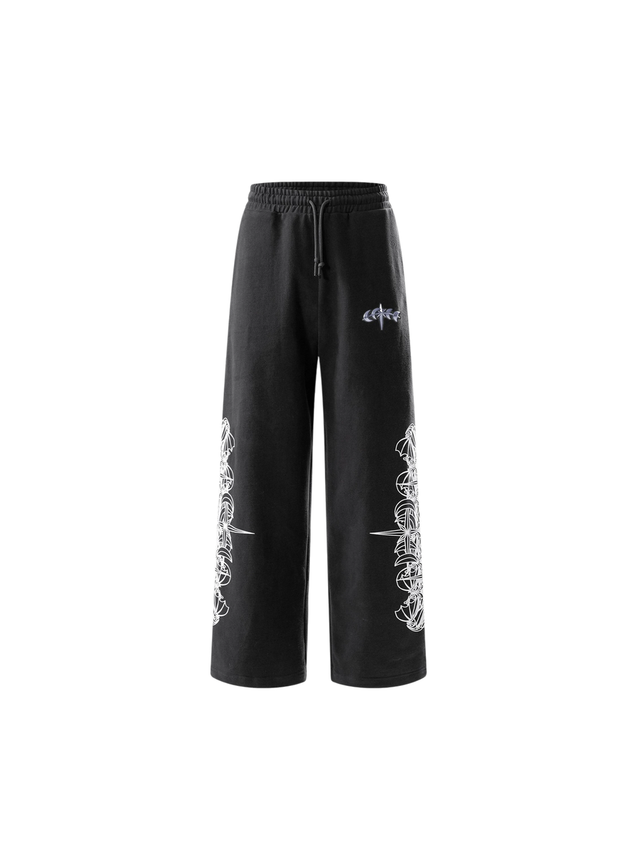 Luminous Dawn astral logo flocked pants in Dark Grey, front view