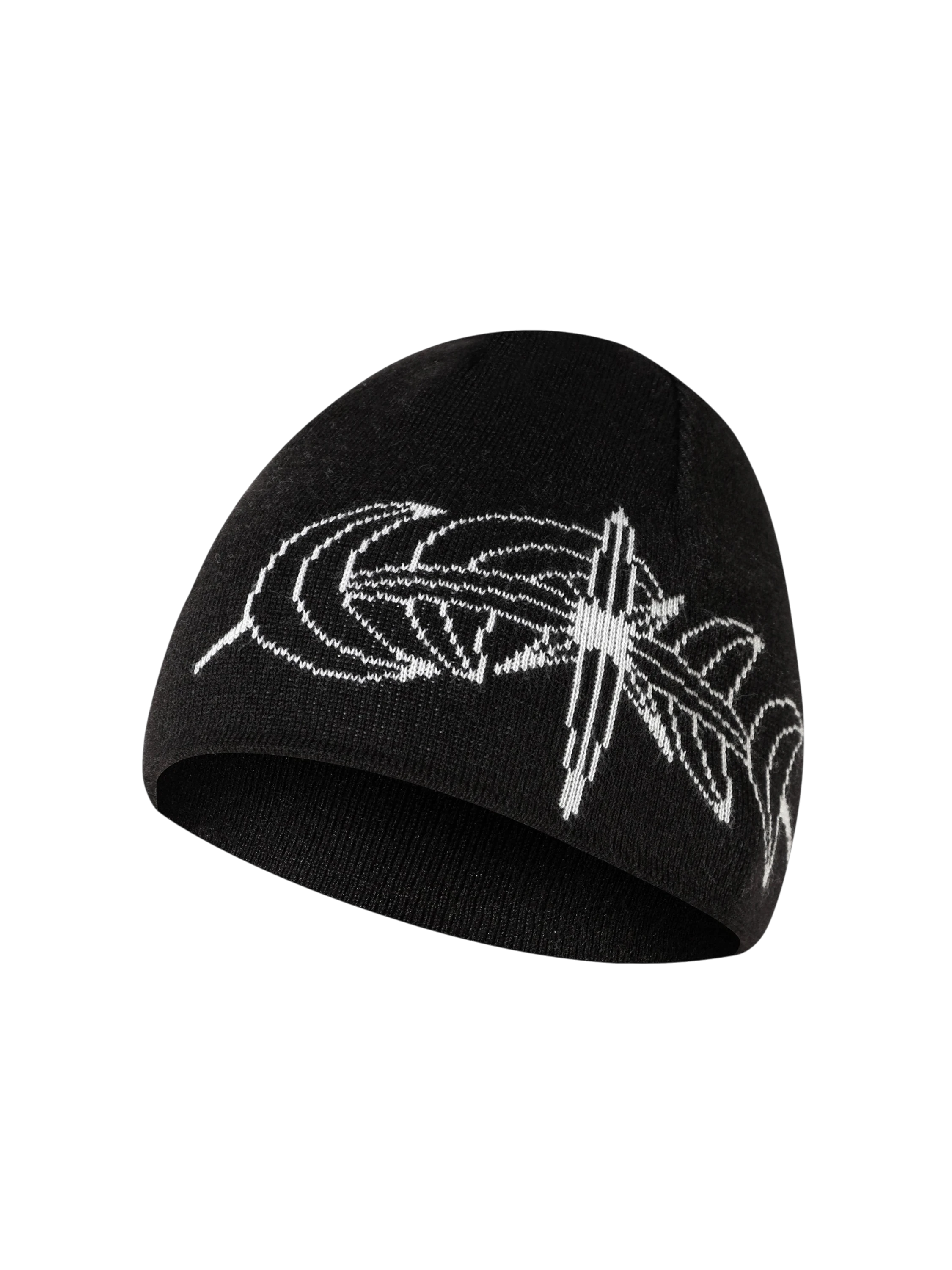 Black Luminous Dawn astral jacquard beanie, angled product view
