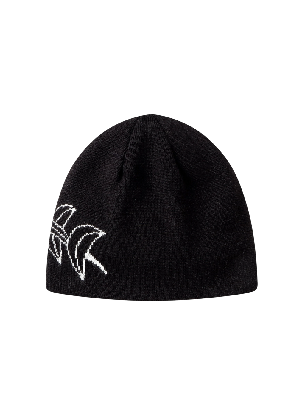 Black jacquard beanie with crescent motif, opposite side view
