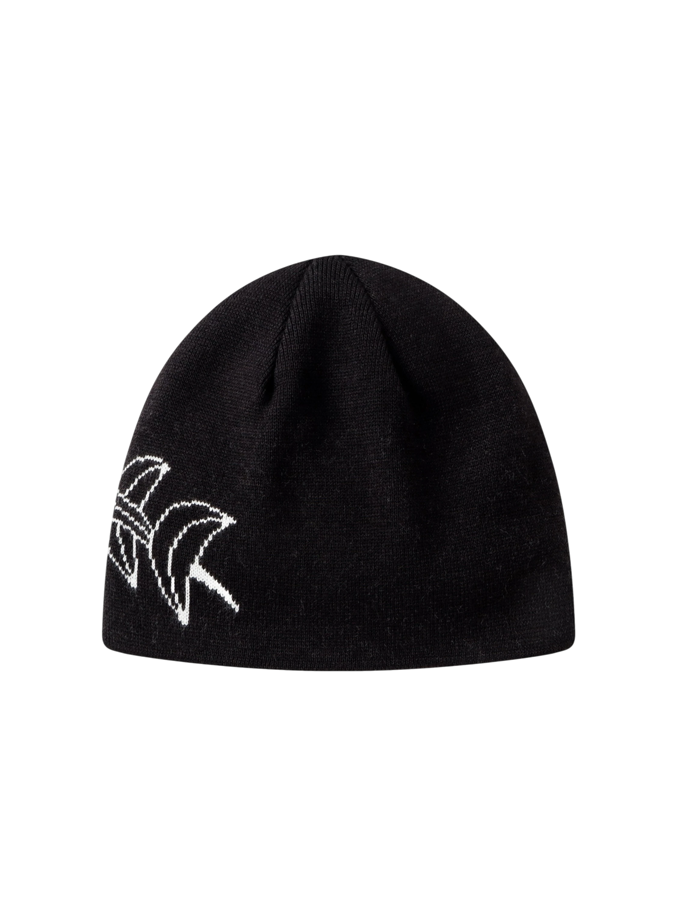 Black jacquard beanie with crescent motif, opposite side view