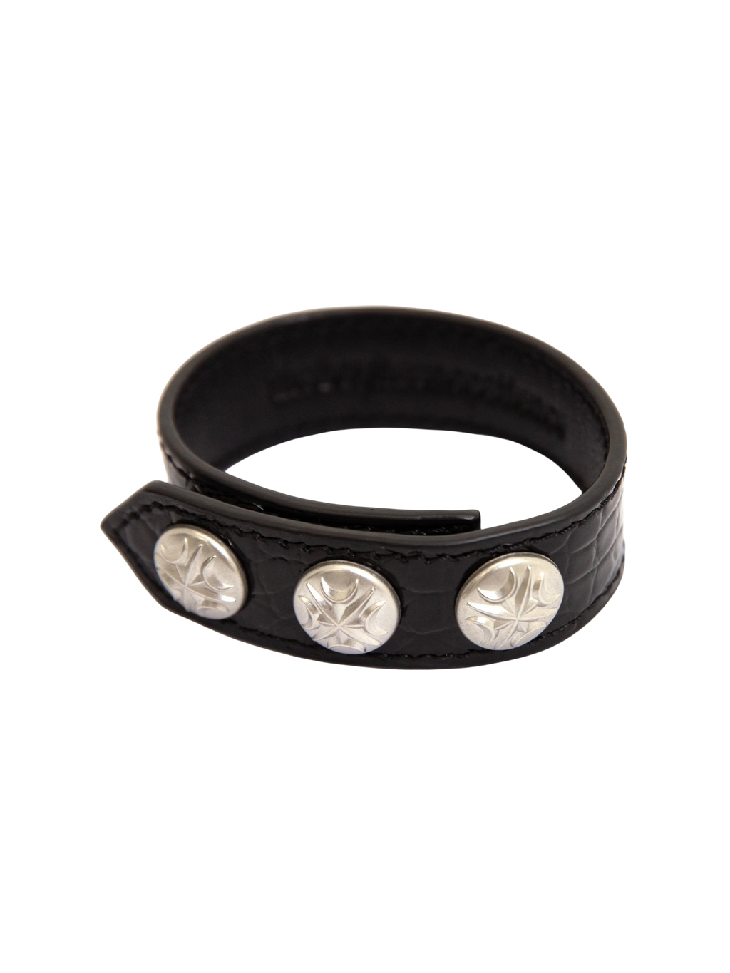 Black leather bracelet with silver-tone hardware, product view.