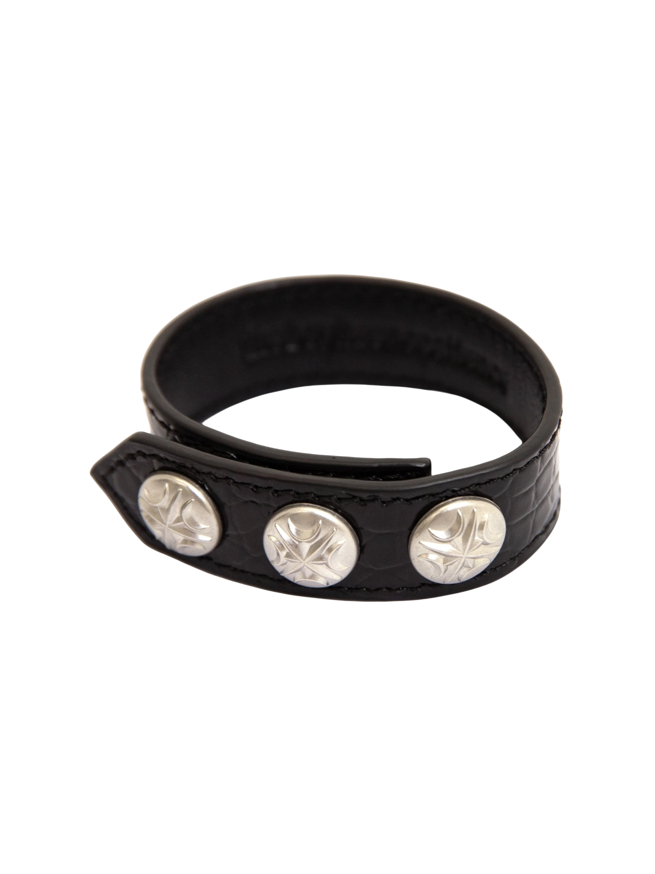 Black leather bracelet with silver-tone hardware, product view.
