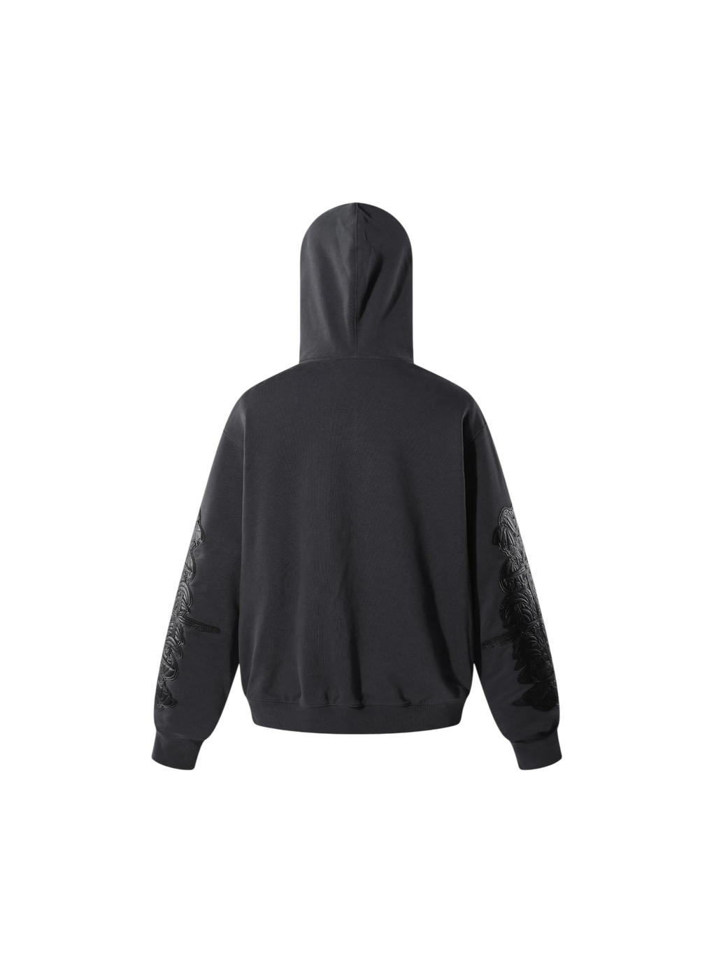 Black Leather Patch Zip Hoodie, back flat view.
