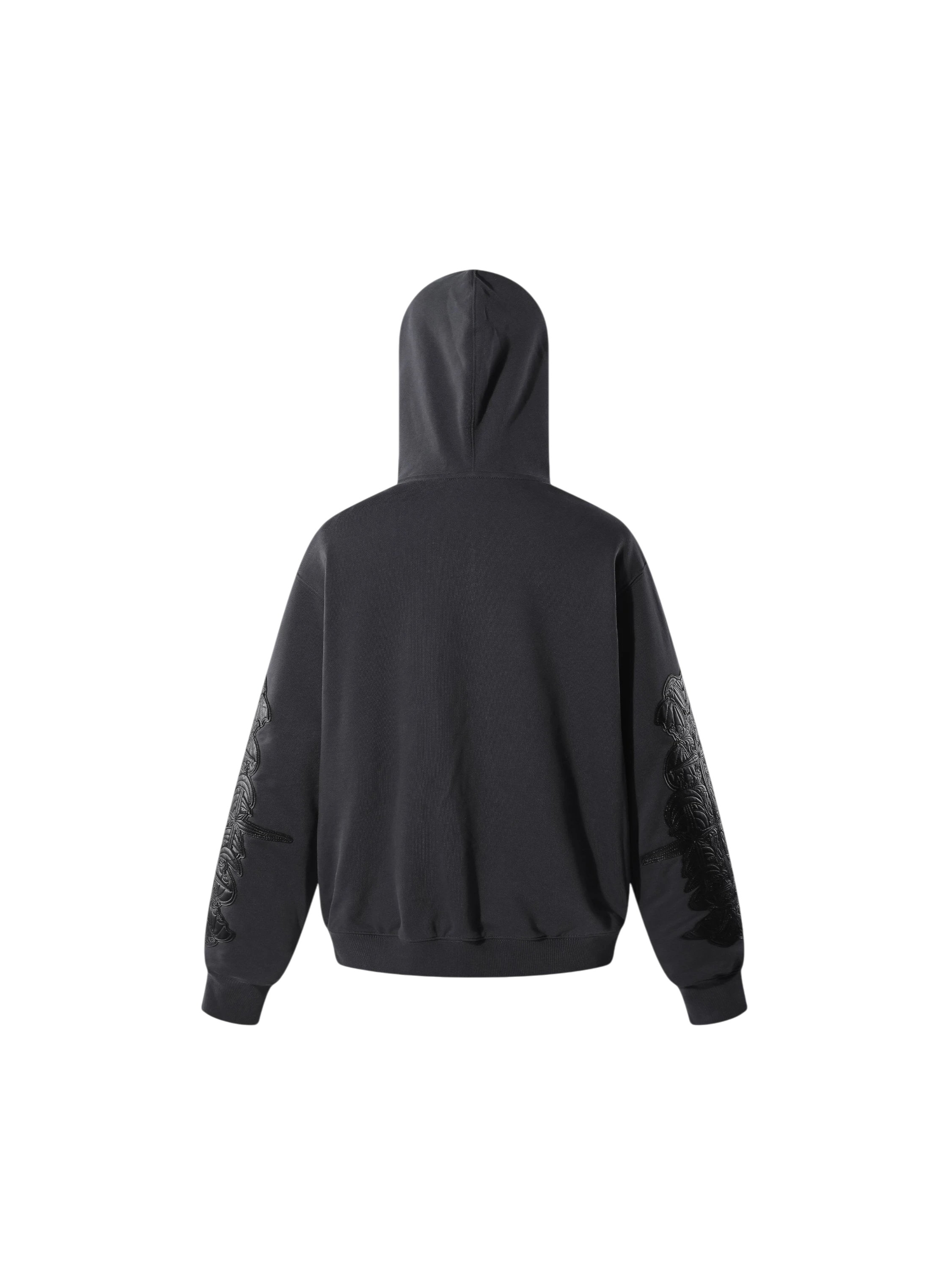 Black Leather Patch Zip Hoodie, back flat view.