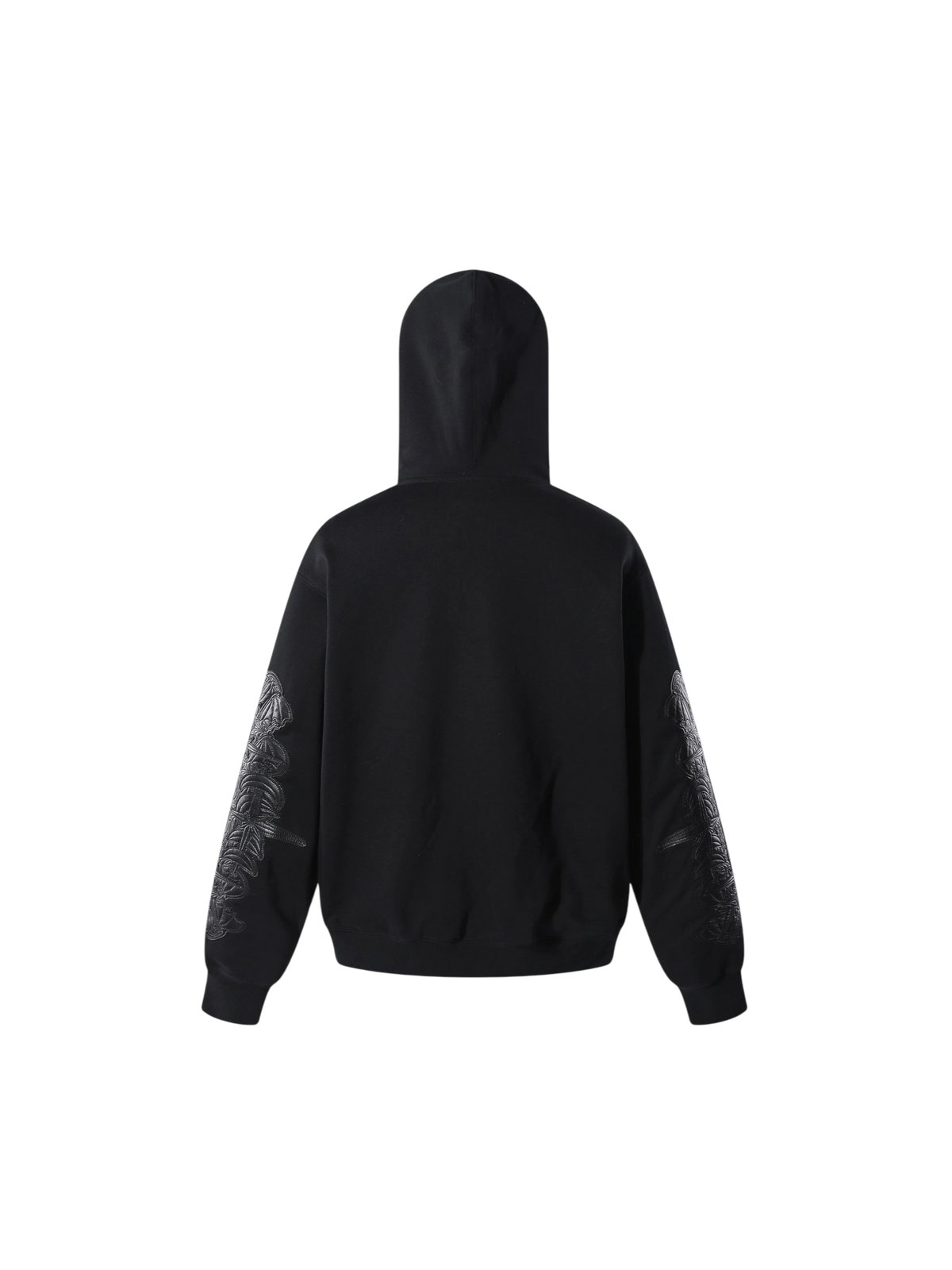 Model wearing the black Leather Patch Zip Hoodie, back view.
