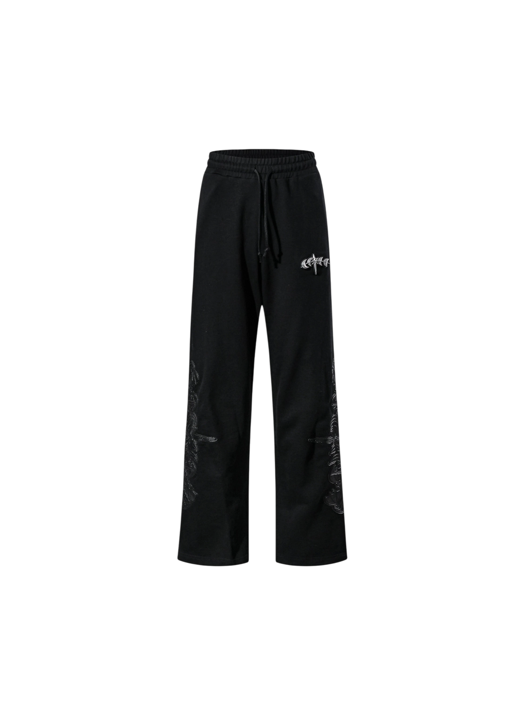 Black TBHNP Leather Patch Pants, front product view.