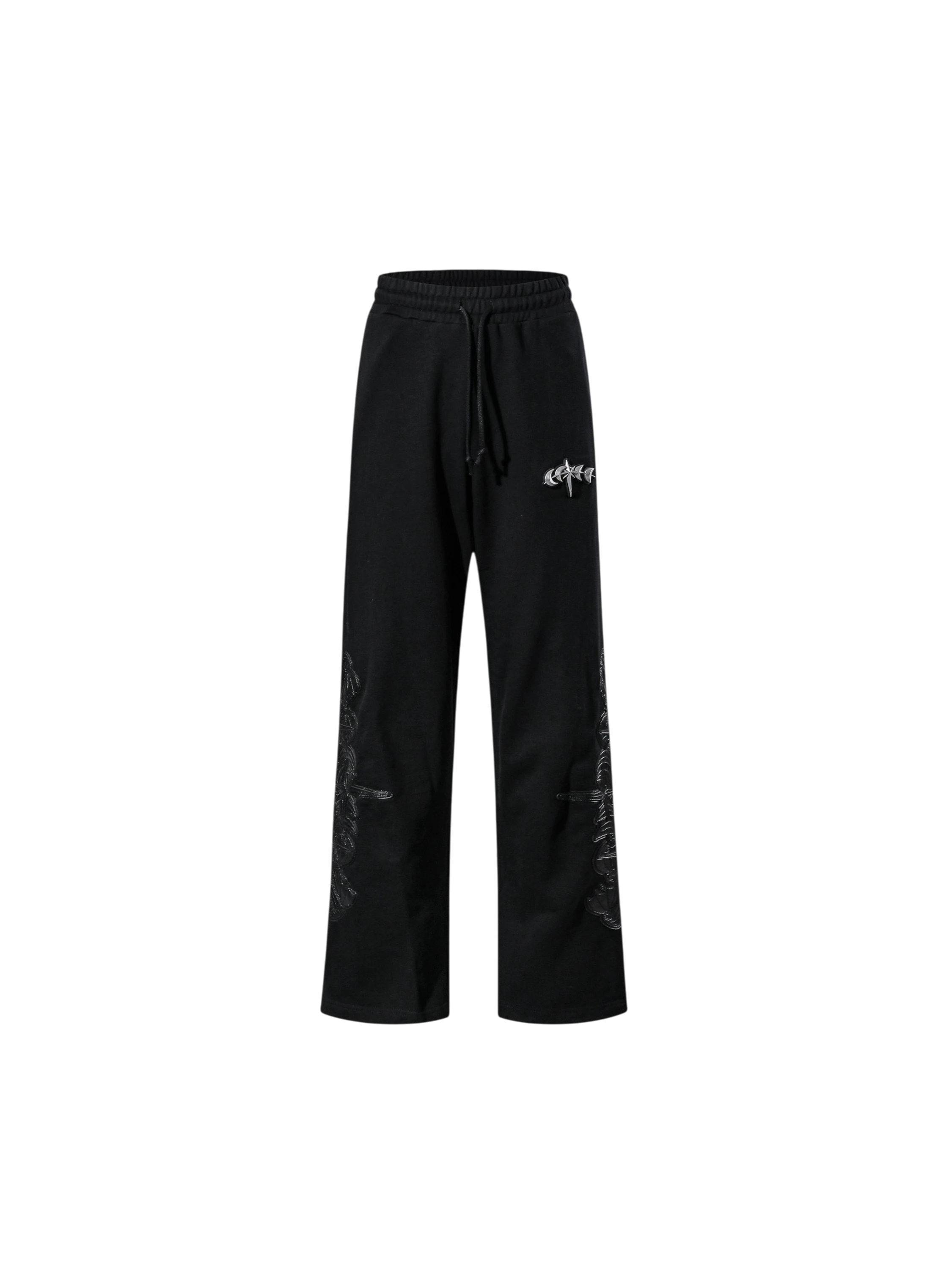 Black TBHNP Leather Patch Pants, front product view.