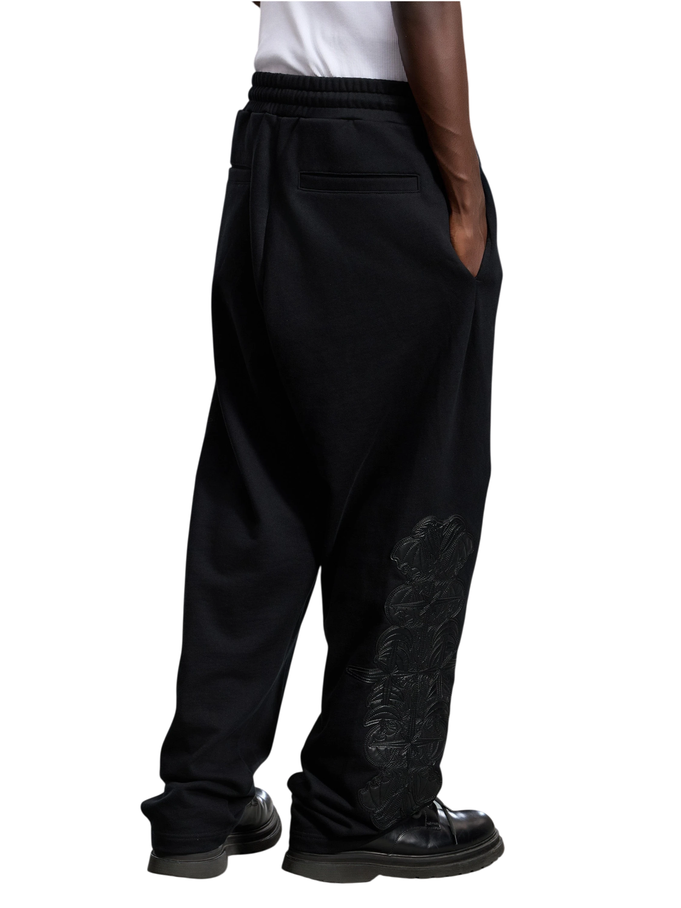 Close-up of the black pants leather-patch leg detail.