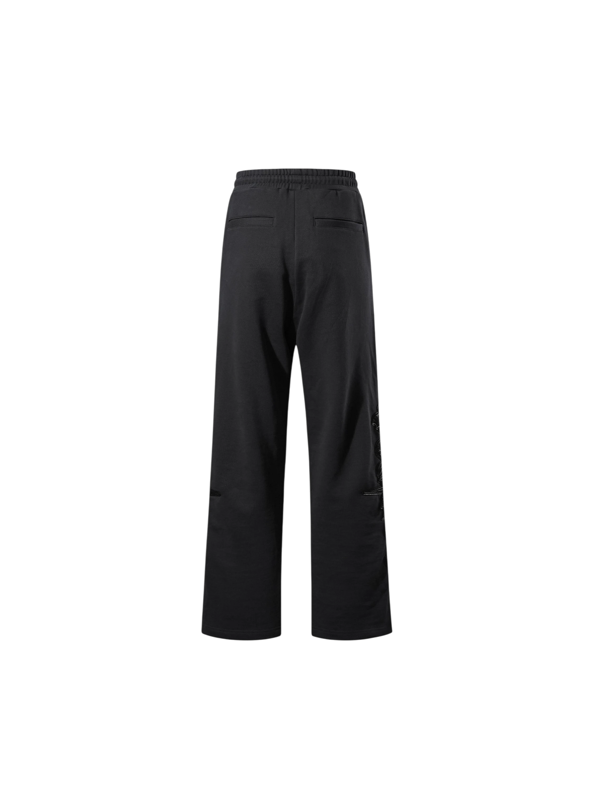 Close-up of the black pants drawstring waistband.