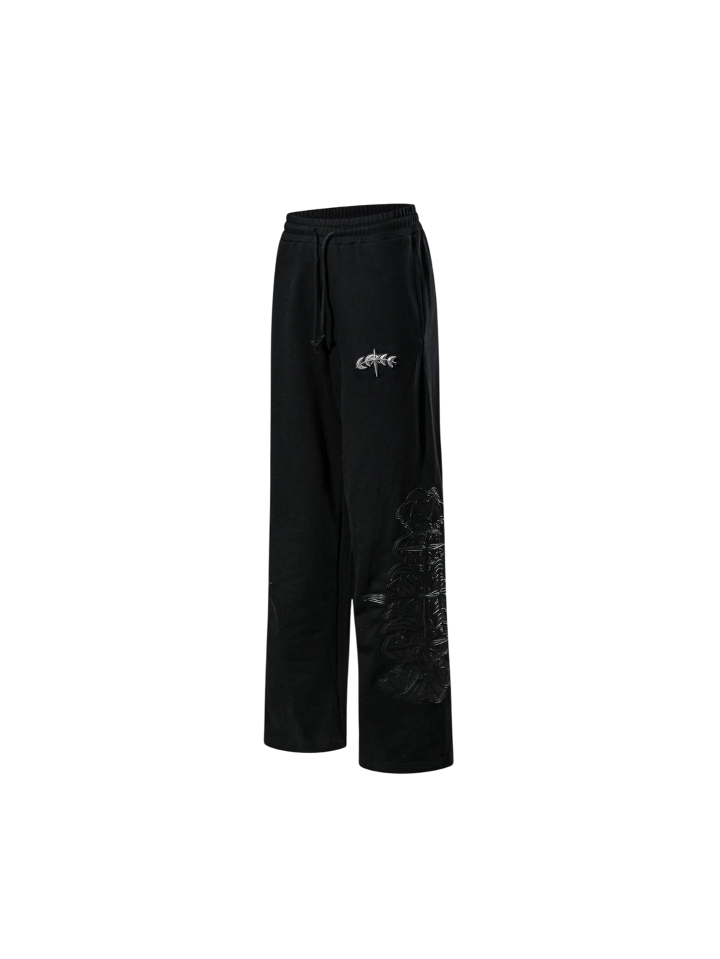 Black Leather Patch Pants, front flat view.