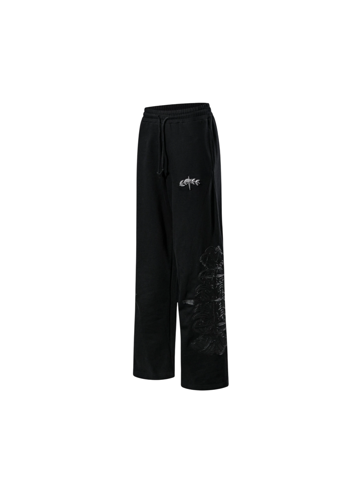 Black Leather Patch Pants, front flat view.