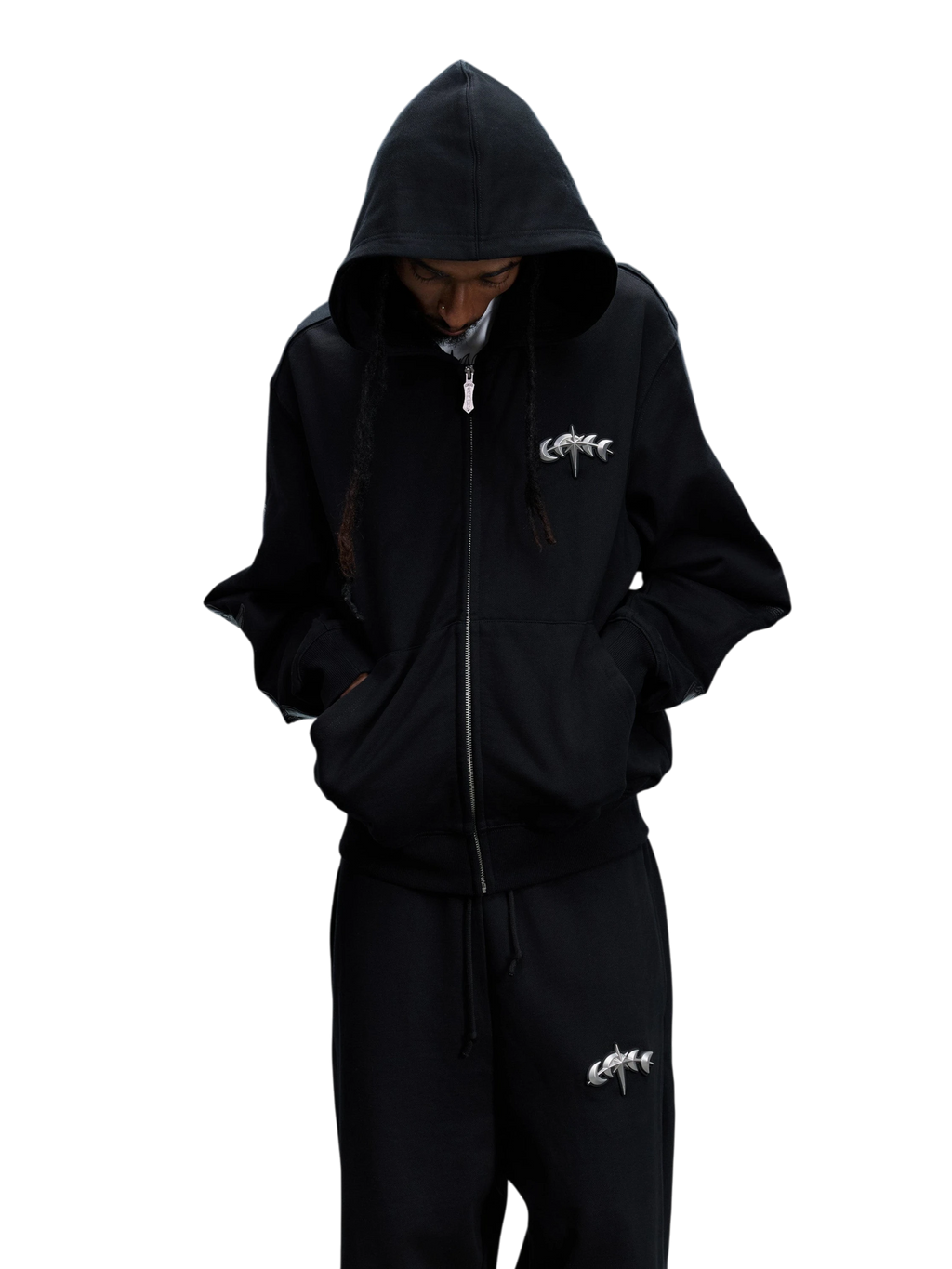 Model wearing the black Leather Patch Zip Hoodie, angled front view.