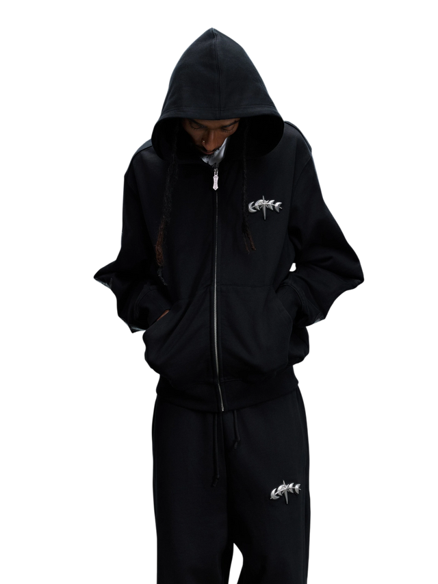 LEATHER PATCH ZIP HOODIE