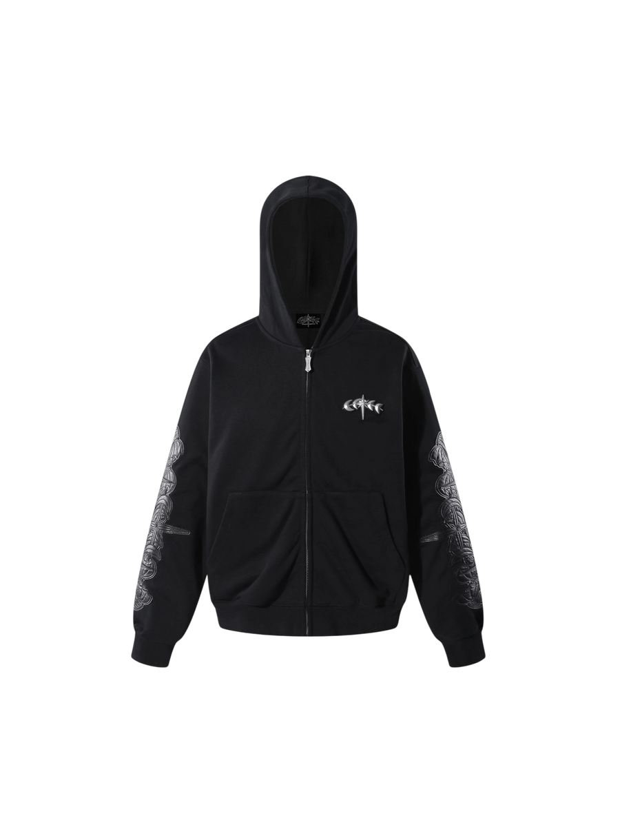 Black TBHNP Leather Patch Zip Hoodie, front product view.