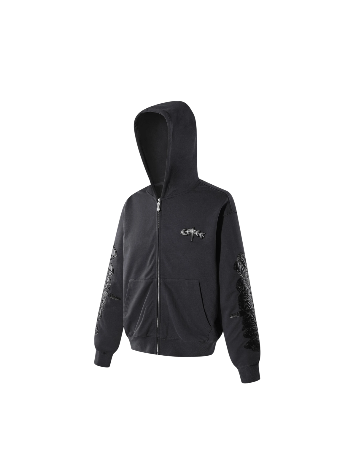 Black Leather Patch Zip Hoodie, front flat view.
