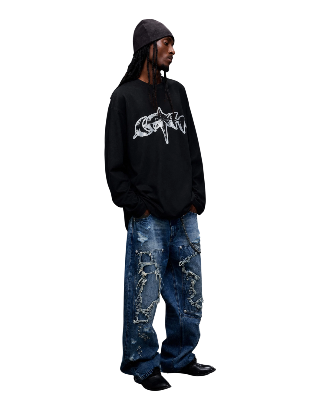 Model wearing Black reflective star logo long-sleeve tee, side view