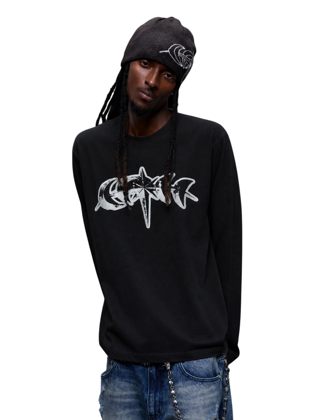 Model wearing Black reflective star logo long-sleeve tee, front close view