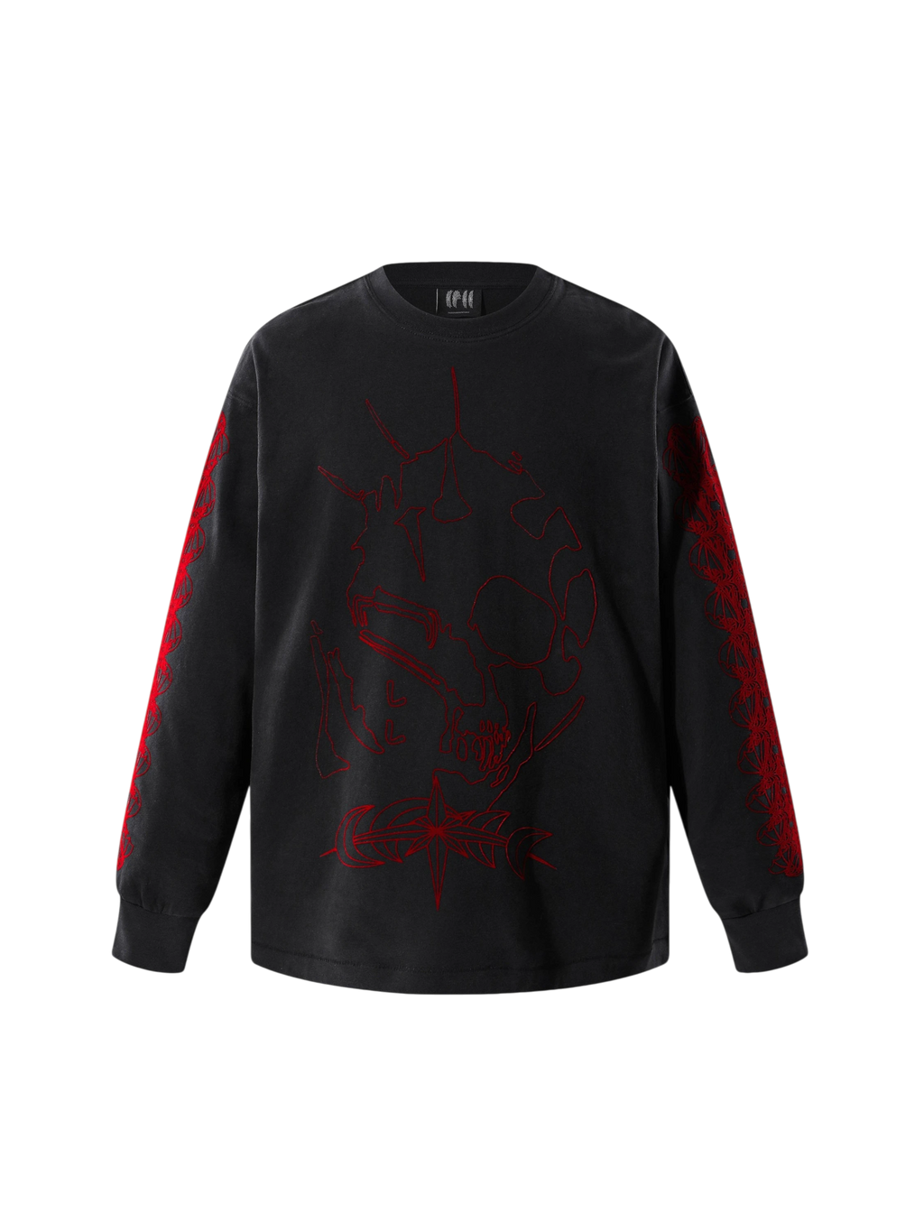 Dark Grey Luminous Dawn Ghost & Knight flocked long-sleeve tee, front view