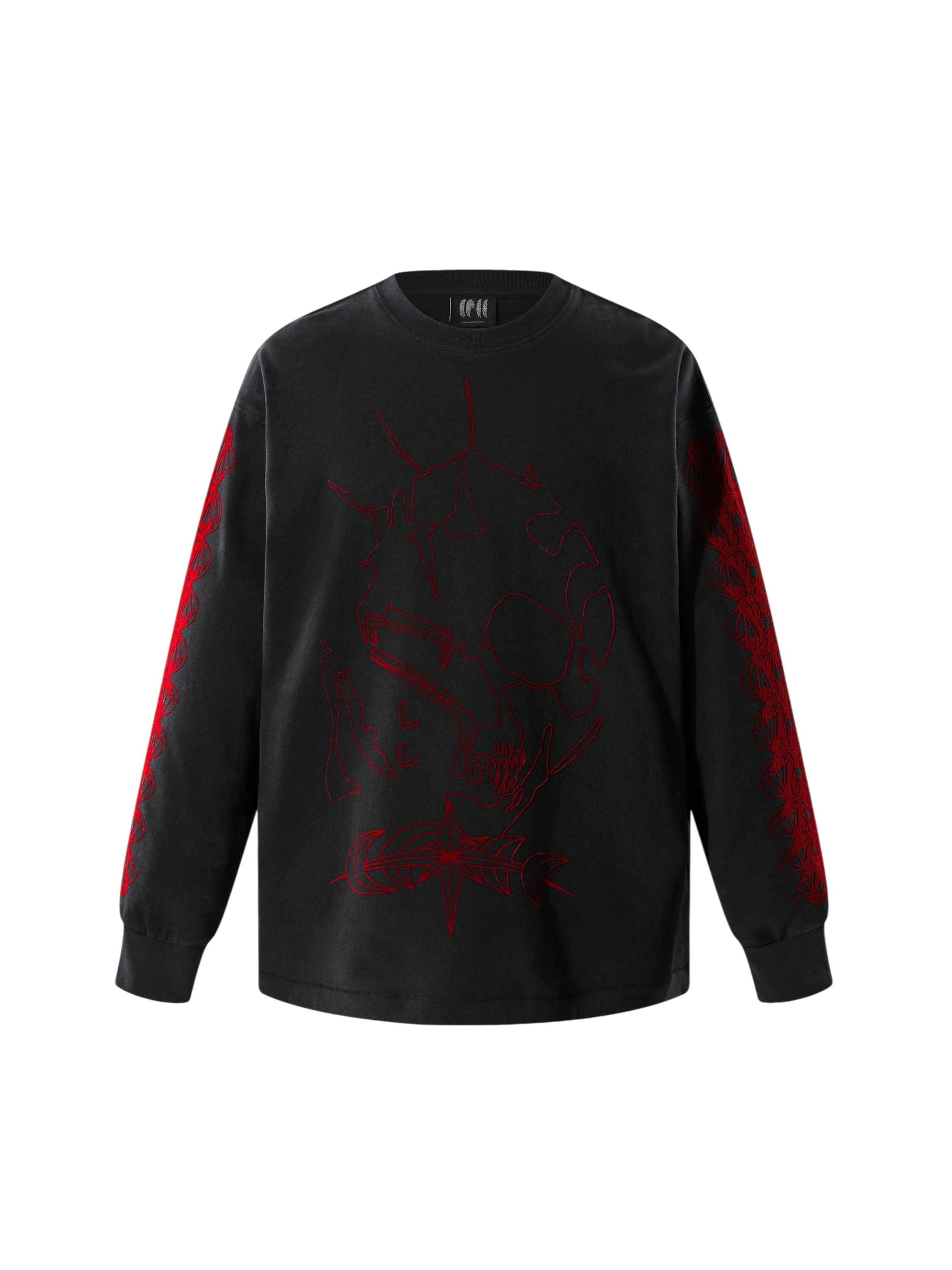 Dark Grey Luminous Dawn Ghost & Knight flocked long-sleeve tee, front view