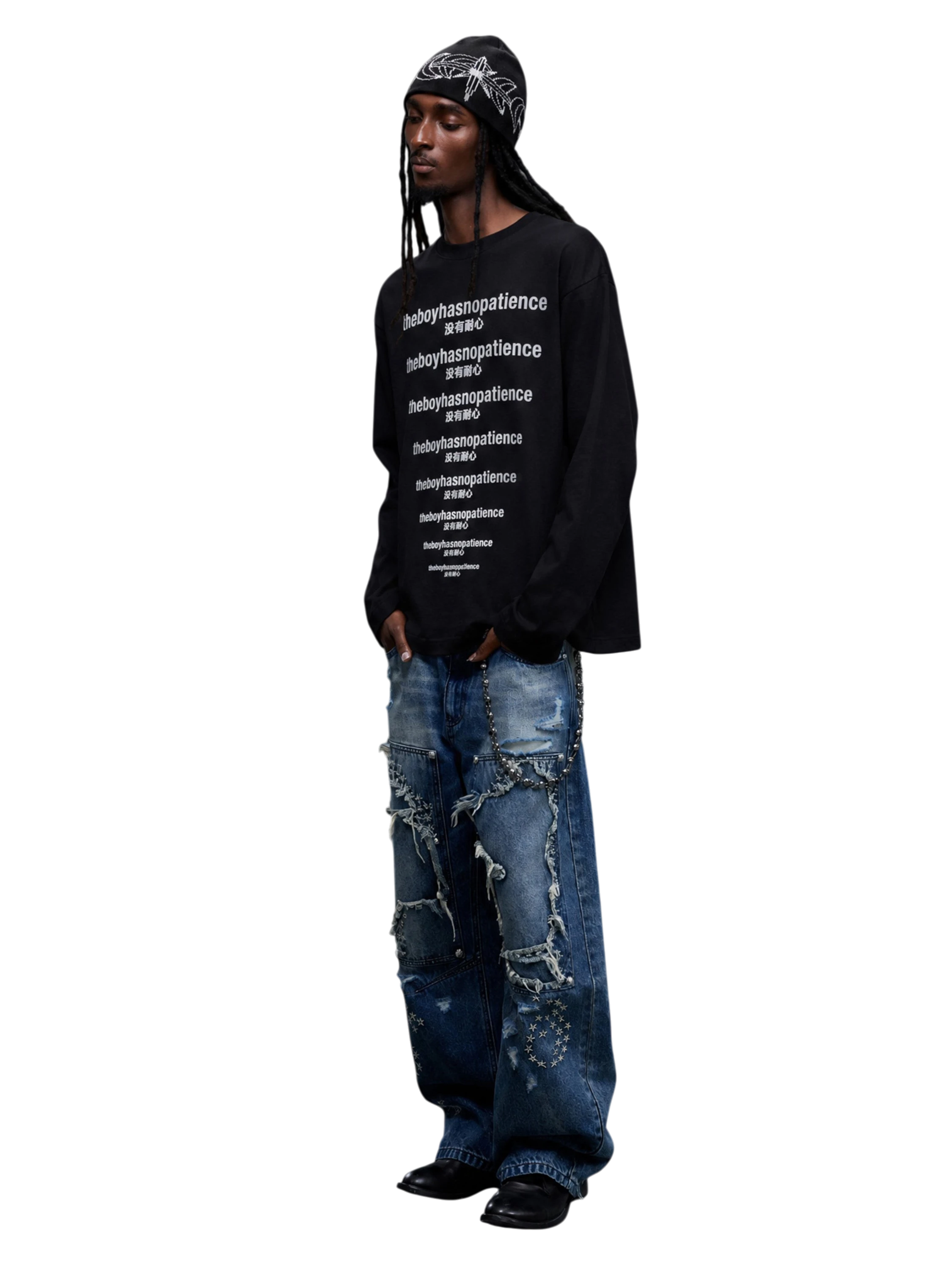 Model wearing Black slogan print long-sleeve tee, full-length view