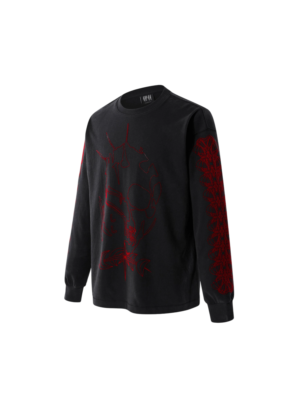Dark Grey Ghost & Knight flocked long-sleeve tee, angled front view