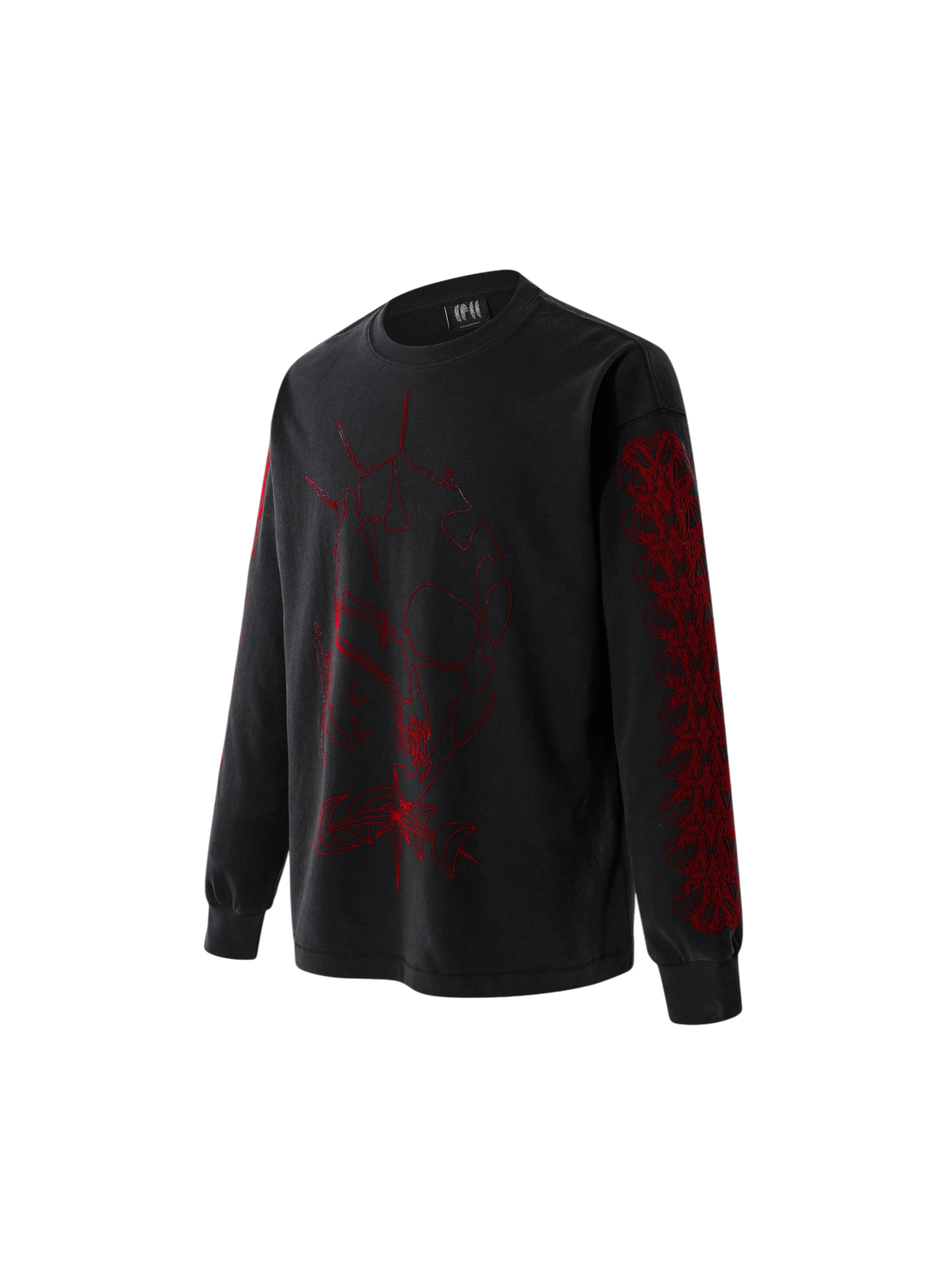 Dark Grey Ghost & Knight flocked long-sleeve tee, angled front view