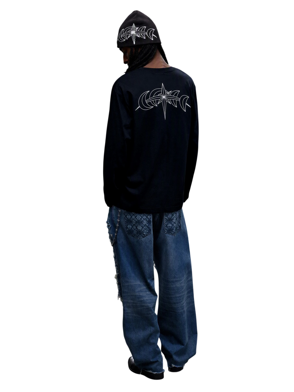 Model wearing Black slogan long-sleeve tee with star-moon back graphic