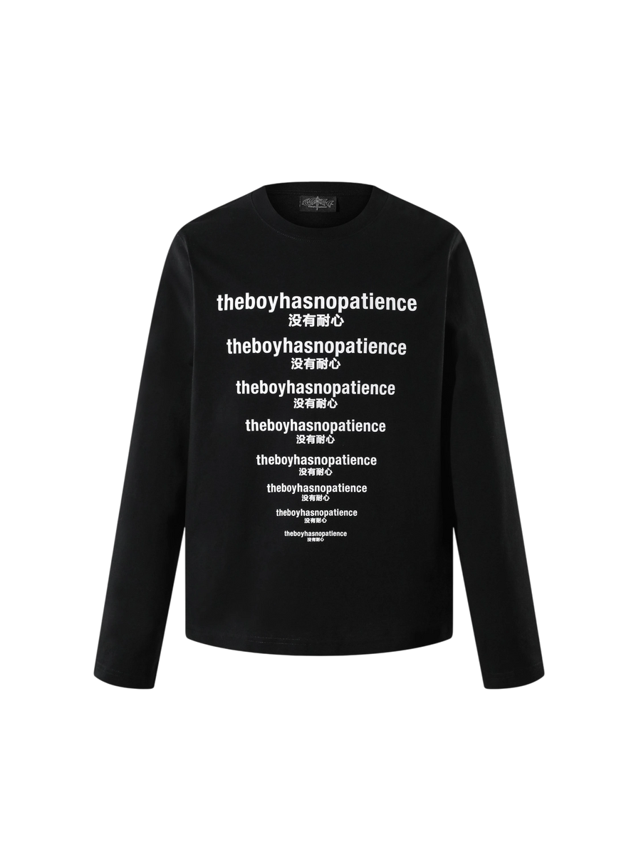 Black Luminous Dawn slogan print long-sleeve tee, front view