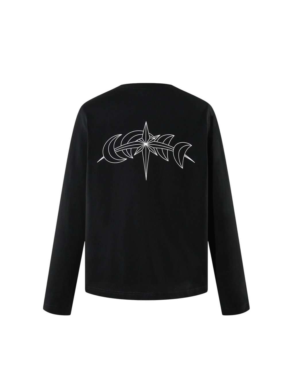 Black long-sleeve tee with white star-moon graphic, back view