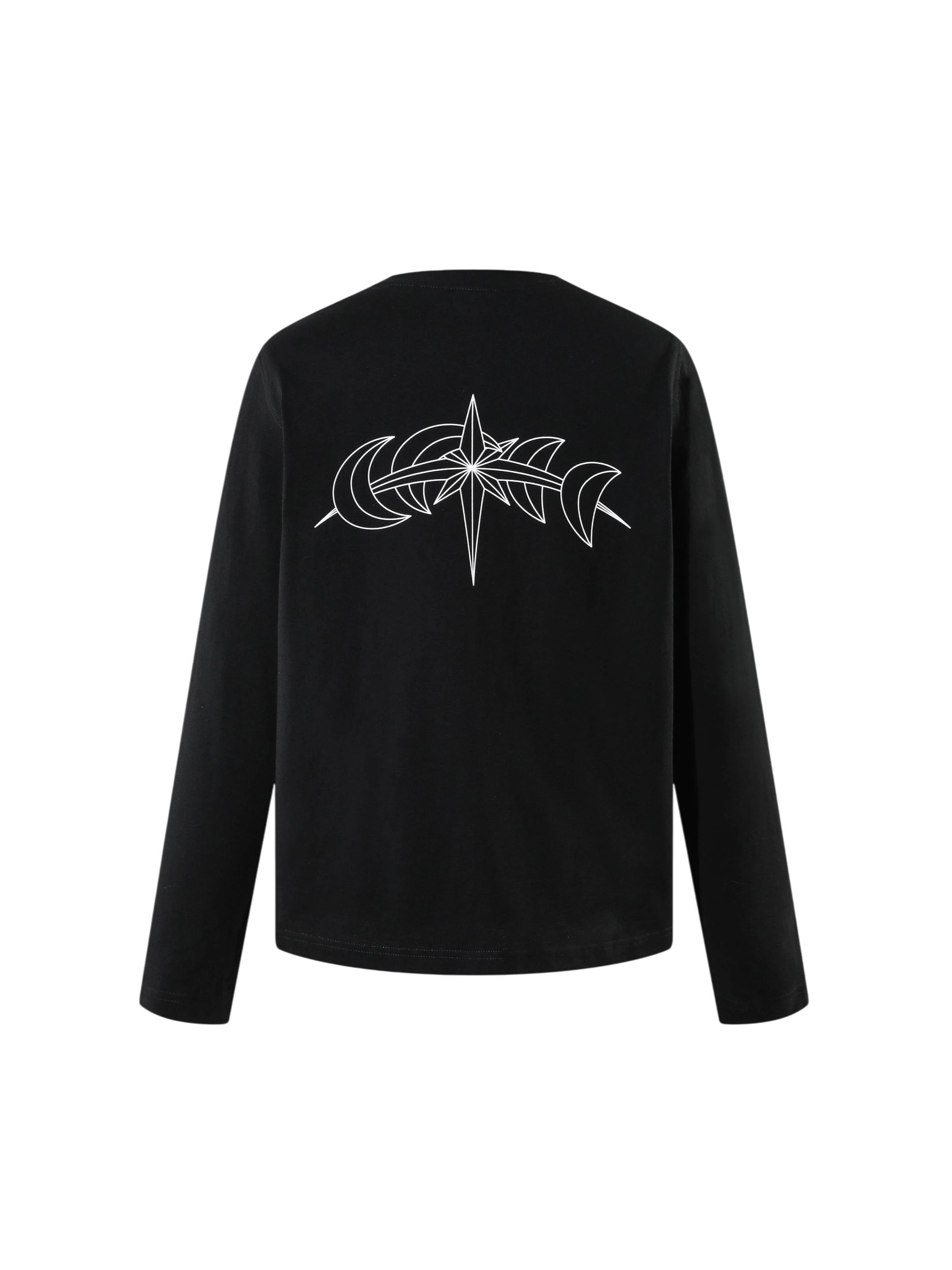 Black long-sleeve tee with white star-moon graphic, back view