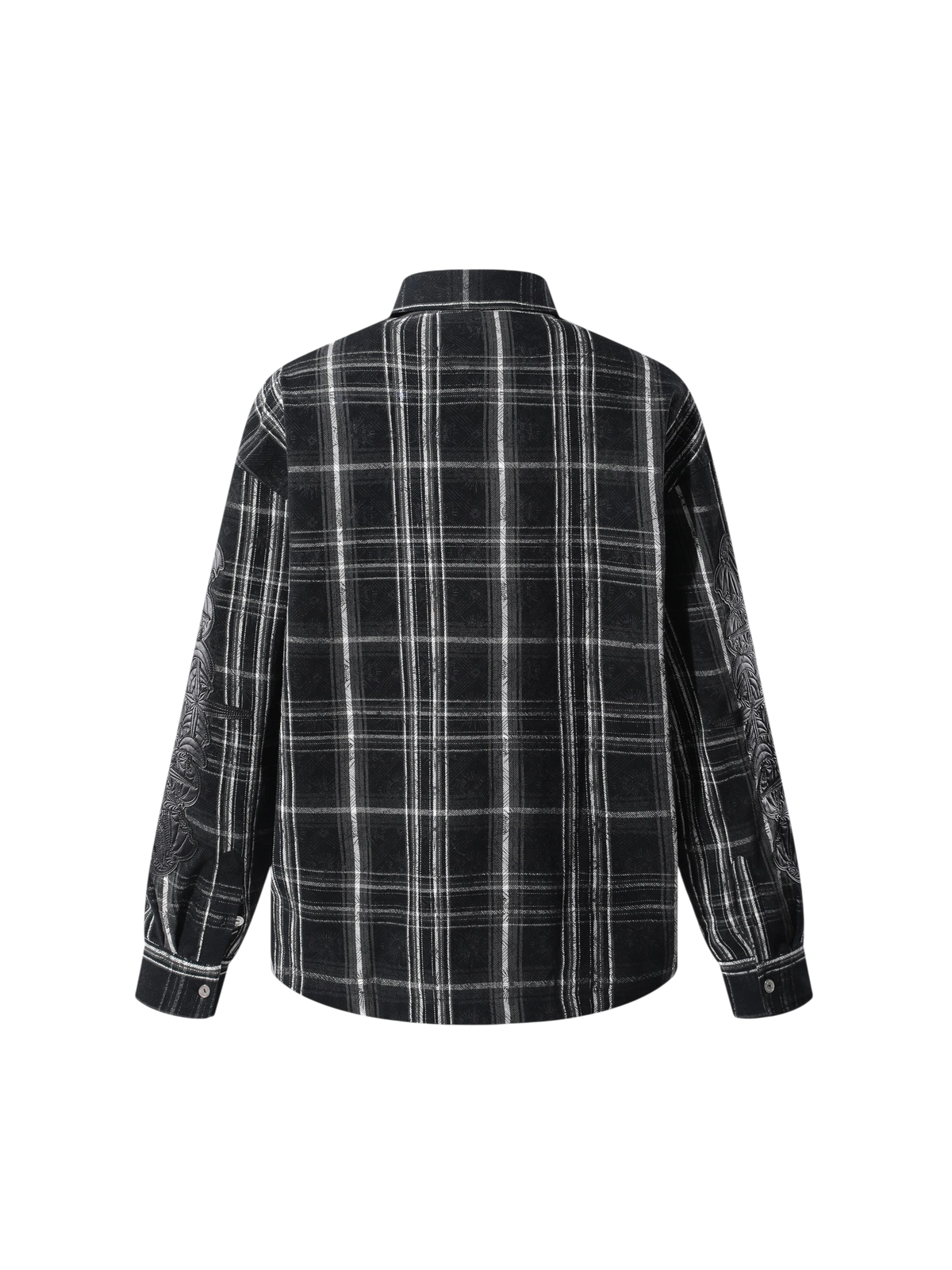 Dark Grey Starry Leather Patch Plaid Shirt, back flat view.