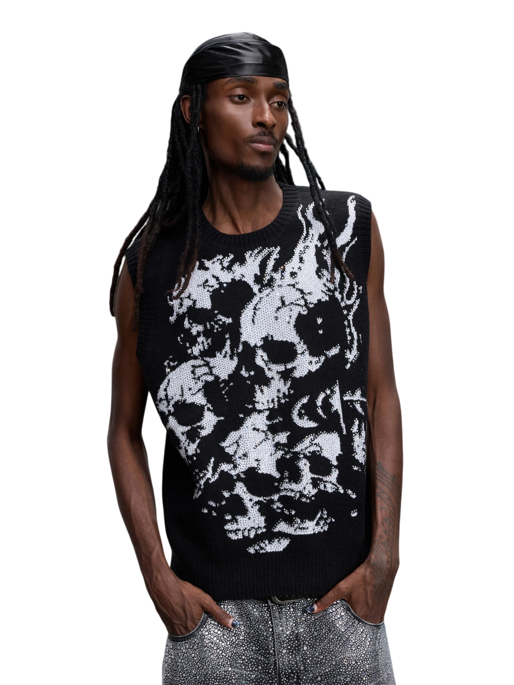 Model wearing the black Wraith Rhinestone Sweater Vest, front view.