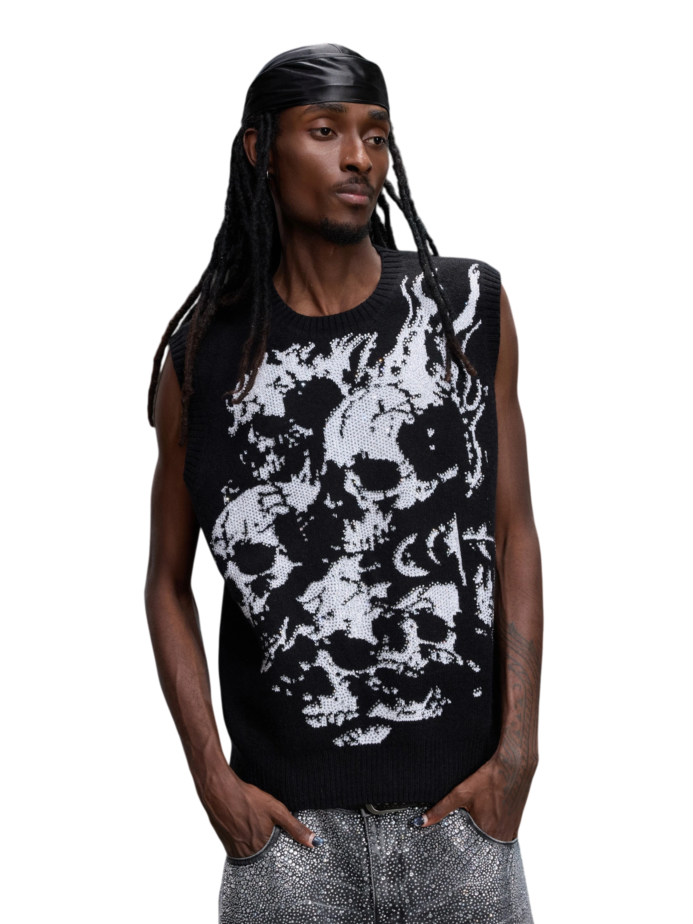 Model wearing the black Wraith Rhinestone Sweater Vest, front view.