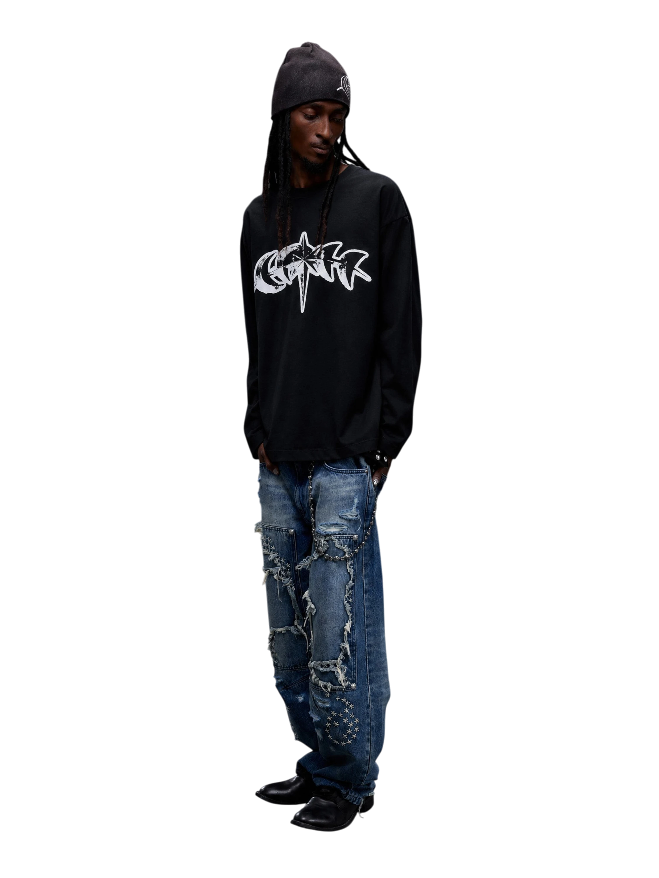 Model wearing Black 3M reflective star logo long-sleeve tee, full view