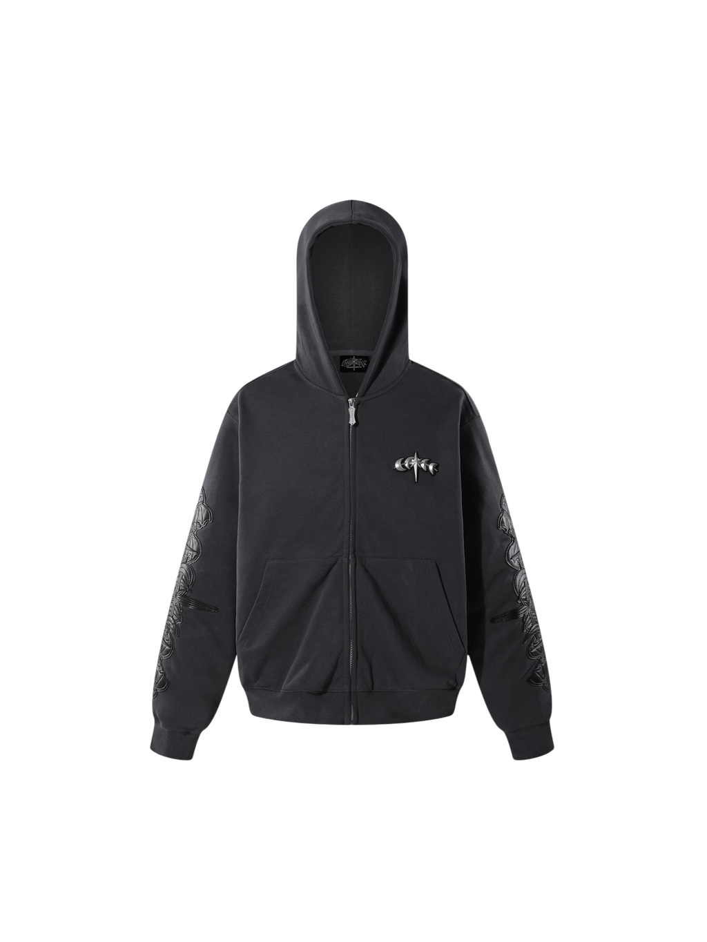 Model wearing the black Leather Patch Zip Hoodie, front view.