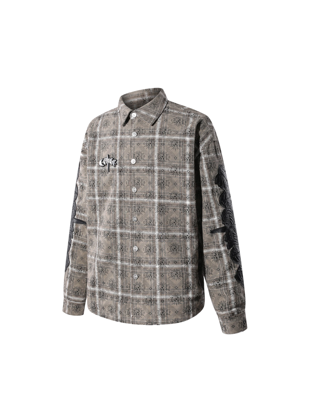 Greenish Yellow Starry Leather Patch Plaid Shirt, front flat view.